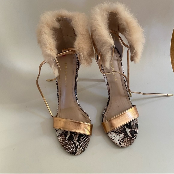 Shoes - Rose Gold Pink Fur Lace Up Ankle Cuff Snakeskin Heels 8
